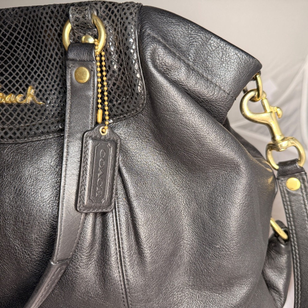 Coach Ashley Carry all Bag Black Pebbled Leather Snakeskin Trim Gold F19243 - Picture 8 of 15